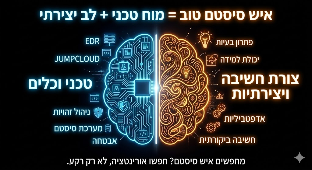 החצי השמאלי (הטכני), הזוהר בכחול-סייבר: מציג בגדול את המונחים EDR ו-JUMPCLOUD, לצד IDENTITY, SECURITY ו-SYSTEM, המסמלים את הרקע והכלים. החצי הימני (צורת החשיבה), הזוהר בכתום-אמבר: מציג בגדול את המונח CREATIVITY (יצירתיות), לצד PROBLEM SOLVING (פתרון בעיות), ADAPTABILITY (סתגלנות), ו-CRITICAL THINKING (חשיבה ביקורתית), המסמלים את צורת החשיבה שאתה מחפש.