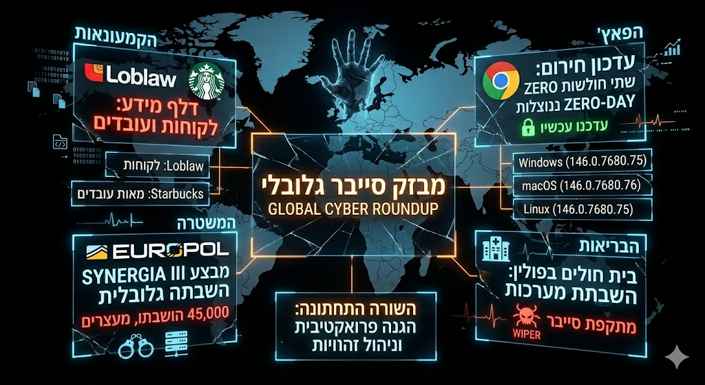 התמונה מציגה ממשק הולוגרפי דרמטי על רקע שחור, המרכז את ארבעת אירועי המפתח שתוארו בפוסט: דלף המידע ב-Loblaw, חשיפת ה-Zero-Day בכרום, מבצע Europol Synergia III, והשבתת בית החולים בפולין. במרכז התמונה, כיתוב הולוגרפי גדול: "מבזק סייבר גלובלי" (Global Cyber Roundup). האינפוגרפיקה המורכבת משתמשת בניגוד בין אורות ניאון כחולים ואורות אזהרה אדומים-כתומים כדי להדגיש את גודל האיום. ברקע, דמות מטושטשת של האקר חסר פנים המביט על המסכים, וסביב התמונה צפים אלמנטים כמו קודי בינארי, אייקונים של מנעולים שבורים, פעימות לב המראות "קו ישר", וסיסמאות של "כופר". התמונה משדרת תחושה של מתח, דחיפות ואיום גלובלי.